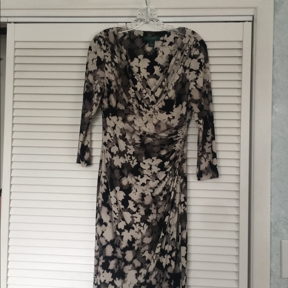 Floral mock wrap dress. Knee length